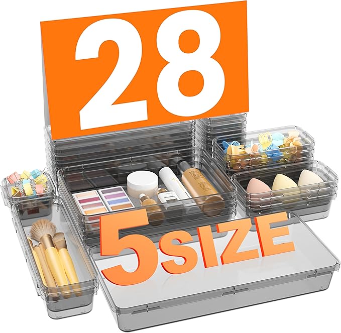 A-LuGei 【Military Grade Drawer Organizer, 【𝟱𝗦𝗶𝘇𝗲】 Makeup organizer, 【Holds 177 Items】 Bathroom Organizers and Storage, Organization and Storage, Desk Drawer Organizer for Vanity (Clear Black)