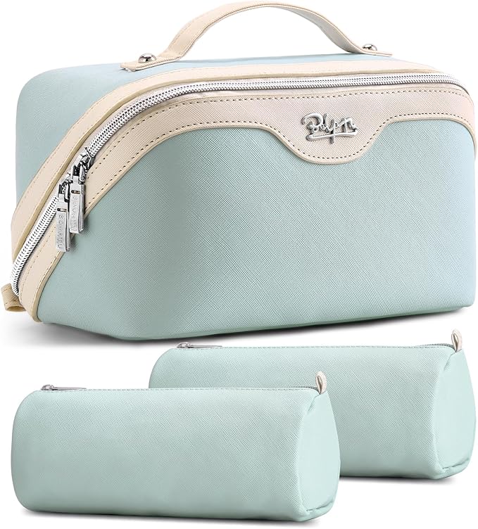 BOYATU Travel Makeup Bag Organizer Cosmetic Bag: 3 Pcs Set Make up Bags for Women with Handle - Waterproof Vegan Leather Toiletry Bags Travel Essentials Pouch with Compartments (A-06-Blue)