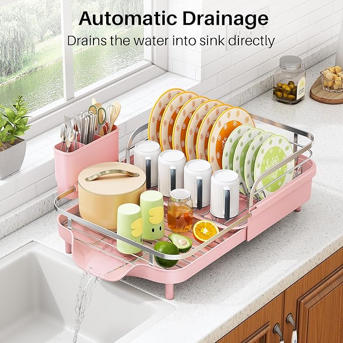 Dish Drying Rack, Expandable Dish Rack for Kitchen Counter, Pink