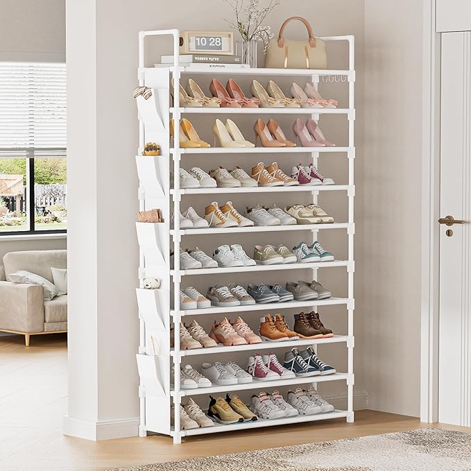 LUKYTOWER Tall Shoe Rack 10 Tier Shoe Racks Organizer for Closet 40-45Pairs,Large Capacity Storage Rack for Shoes with 5Hooks,Sturdy Shoe Shelf, Vertical Shoe Stand Tower