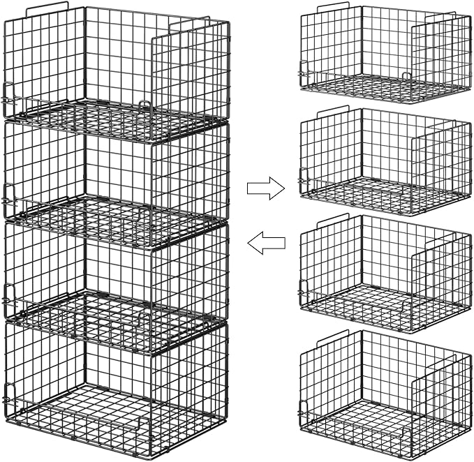 4-Tier Stackable Closet Organizers and Storage Basket - Foldable Closet Shelf Organizer System, Sturdy Metal Space-Saving Clothes Storage Bins for Wardrobe, Black