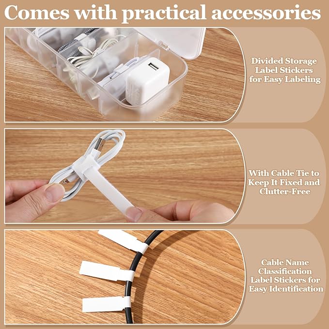 Cable Organizer Box with Lid, 3 Pcs Cable Cord Storage Organizer Box with 21 Wire Ties 54 Cable Labels, 7 Compartments Charger Organizer for Office Drawer Desk Accessories Case
