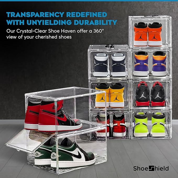 Ultra All Clear Shoe Boxes Plastic Stackable Professional Grade Shoe Display Case with Magnetic Front Drop Door Open Easy Assembly Modern Shoe Sneaker Display Case Fits US Size 14