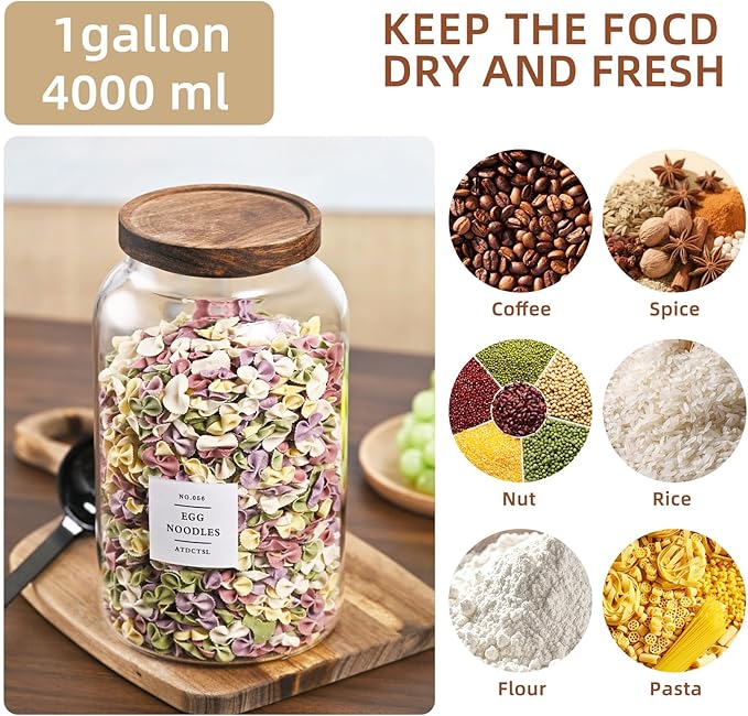 Large Glass Jar with Lid,（1Gallon/4000ML） Airtight Storage Container for Kitchen Countertop, Pantry, Coffee, Tea, Flour, Walnuts and Candy