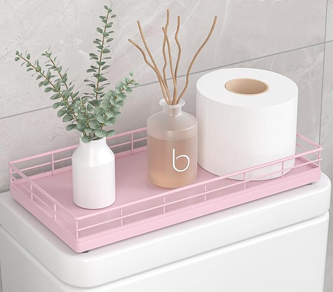 Toilet Paper Basket Organizer, Oak Wood Toilet Tank Tray with Metal Frame, Pink