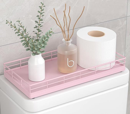 Toilet Paper Basket Organizer, Oak Wood Toilet Tank Tray with Metal Frame, Pink