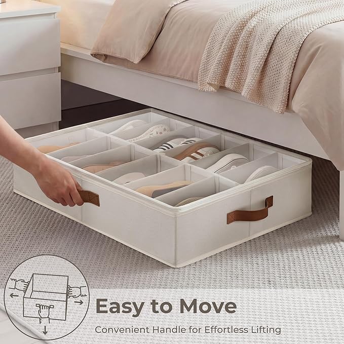 StorageWorks Underbed Shoe Storage Organizer for Closet, 2-Pack Under Bed Shoe Organizer with Bottom Support and Adjustable Dividers, Fits up to 24 Pairs, Beige
