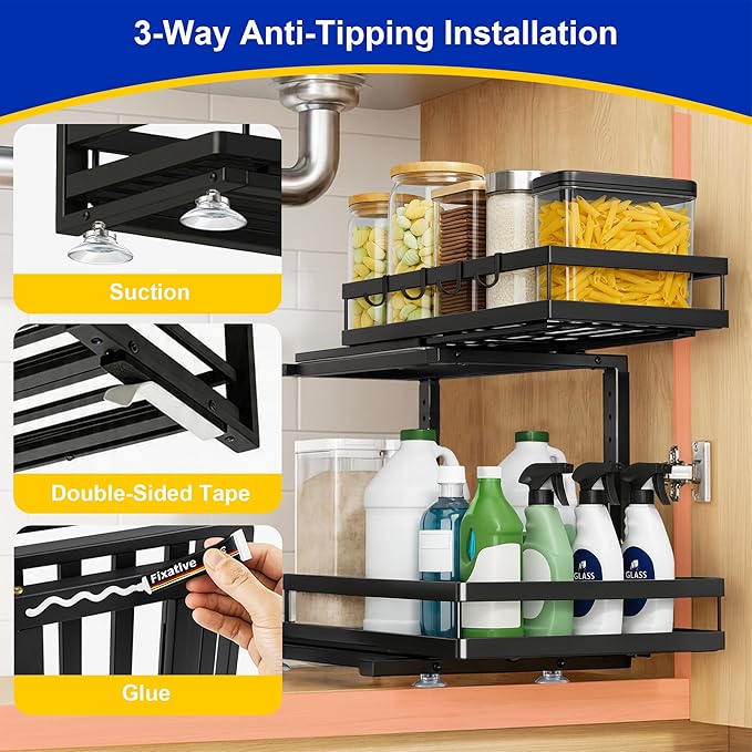 Under Sink Organizer, Dual-Rail Ball-Bearing, Under Kitchen Sink Organizer, 6-Level Adjustable, Under Cabinet Organizer, No-Drill Adhesive/Suction, Under Sink Storage (Black, Double Layer - 2 Pack)