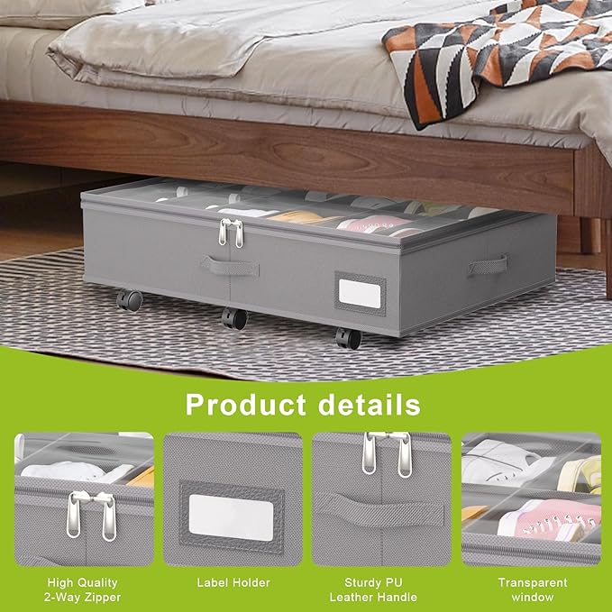 Under Bed Shoe Storage with Wheels, Fits 24 Pairs, Grey