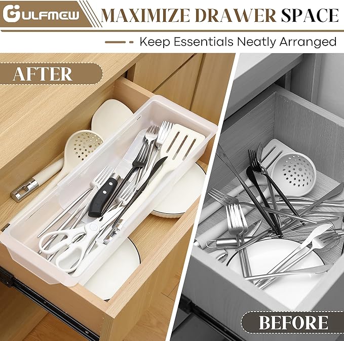 2 Pack Deep Drawer Organizer Bins, Adjustable Sliding Drawer Organizer Bin Expandable Tray for Kitchen Utensils, BBQ Tools, Towels, Durable Plastic Sliding for Easy Storage (17" to 27”)