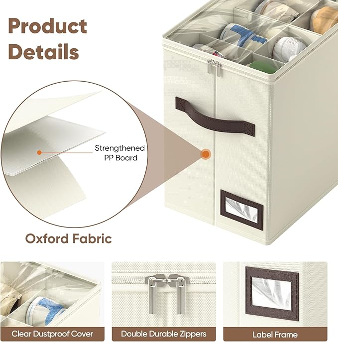 OIAHOMY 4 Pack Shoe Organizer for Closet, Foldable Shoe Storage Bins with Adjustable Dividers, Stackable Oxford Cloth Sneaker Boxes for Entryway Bedroom, Fits Up to 32 Pairs, Beige