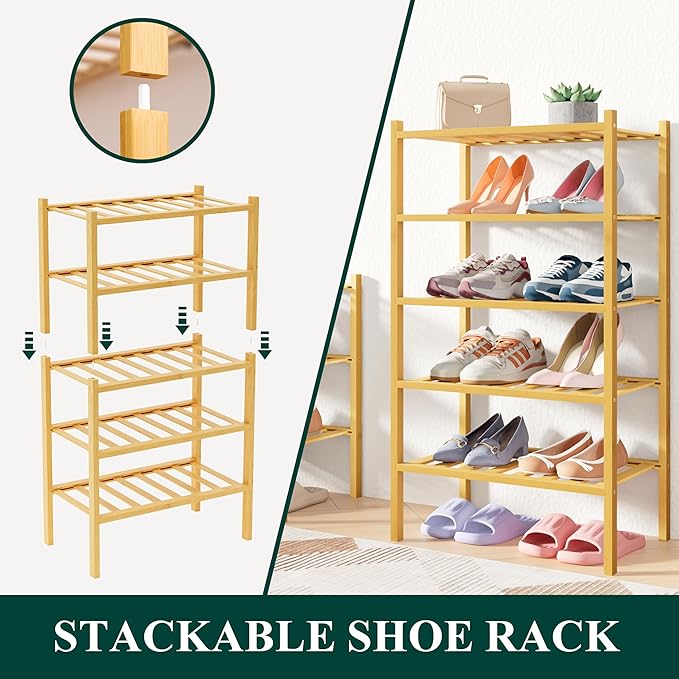 Smiry Bamboo Shoe Rack for Closet, 2 Tier Small Wooden Shoe Organizer, Stackable Wood Shoe Storage Shelf for Entryway, 14 Vertical Slats, One-piece Heavy-Duty Legs, 17.32"x11.02"x12.99", Natural