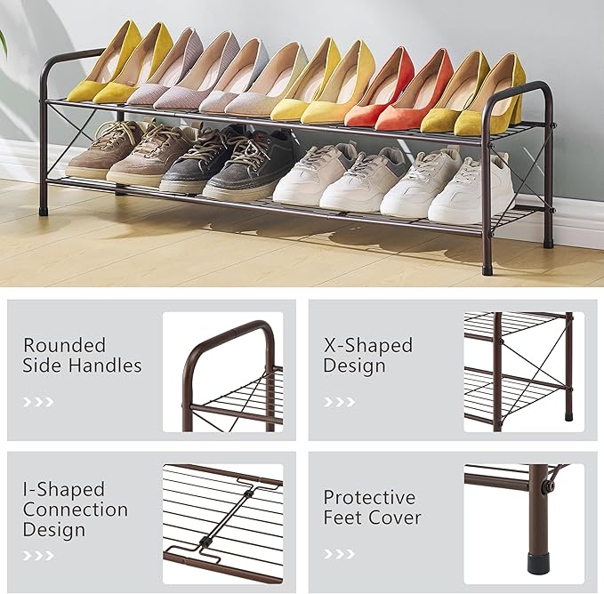 Hoctieon 2 Tier Shoe Rack for Closet, Shoe Rack FreeStanding, Entryway Shoe Shelf, Shoe Storage Organizer, Durable Mesh Style Shoe Rack, Space Save for Garage, Bedroom, Living Room, Wardrobe, Brown