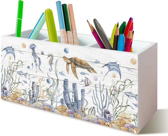 Sea Turtle Coastal Pen Holder for Home Office Desk, Beach Office Decor, Beach Turtle Makeup Brush Toothbrush Holder Organizer for Bathroom Desk Accessories, Beach Gifts for Women Men