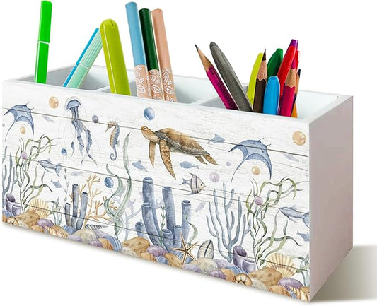 Sea Turtle Coastal Pen Holder for Home Office Desk, Beach Office Decor