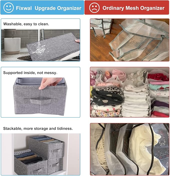 Fixwal 4pcs Wardrobe Clothes Organizer Foldable Jean Organizer for Drawer Washable Compartment Closet Organizers and Storage Bins for Clothes Jeans Pants Sweaters 5 Grids Gray