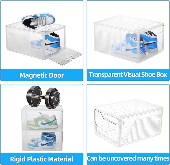 XX-Large Shoe Sneaker Storage Boxes for Size 14,Easy-to-Install Shoe Boxes, Thick and Stable, Stackable Shoe Boxes, Closet Organization (Clear White, XXL-10-pcs)