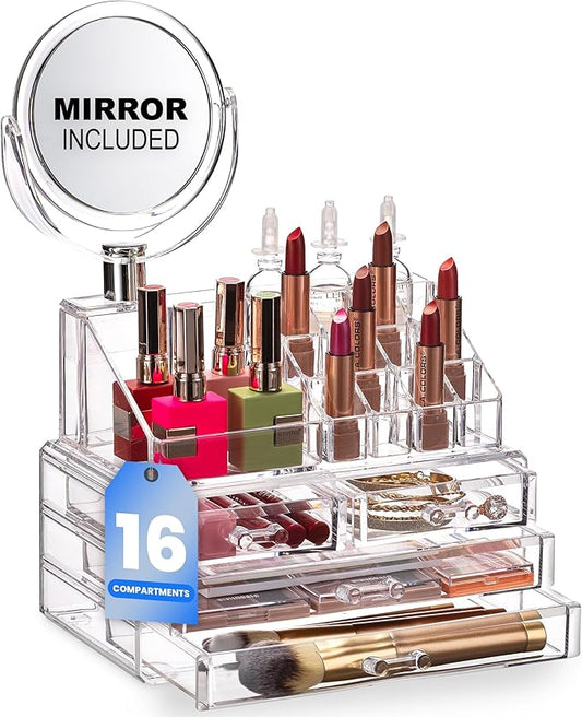 Clear Makeup Organizer with Mirror, 16-Compartment Cosmetic and Jewelry Holder