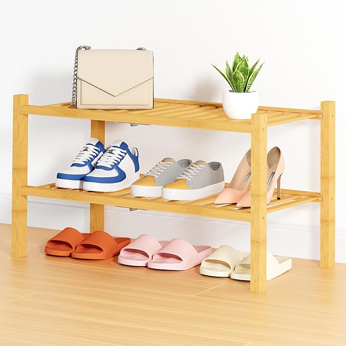 Smiry Bamboo Shoe Rack, 2 Tier Free Standing Wooden Shoe Organizer, Stackable Wood Shoe Storage Shelf for Closet, Entryway, 14 Vertical Slats, One-piece Heavy-Duty Legs, 26.8"x11"x13", Natural