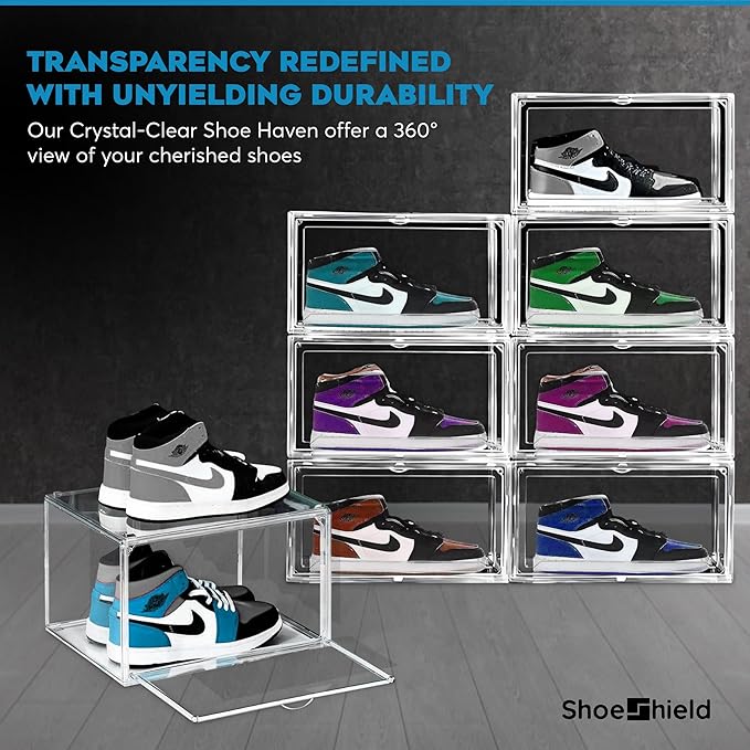 Ultra All Clear Shoe Boxes Plastic Stackable Professional Grade Shoe Display Case with Magnetic Side Drop Door Open Easy Assembly Modern Shoe Sneaker Display Case Fits US Size 14