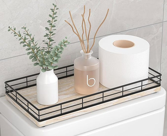 Toilet Paper Basket Organizer, Ash Wood Toilet Tank Tray with Metal Frame