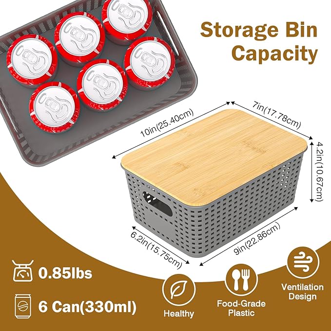 Stackable Storage Basket: Plastic Baskets Bins, Baskets for Organizing, Pantry Decorative Containers for Closets, Cabinets, Shelves(8 Pack, Grey)