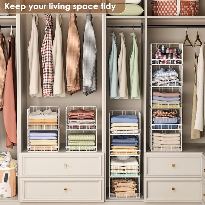 5-Tier Stackable Closet Organizers and Storage Baskets, Closet Shelf Organizer, Space-Saving closet organizer system, Foldable Clothes Storage Bins for Closet Organizer System, White(Patent 30022416)