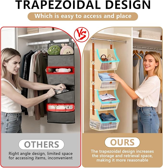 Fabric 4 Tier Hanging Closet Organizers Heavy Duty Shelf Hanging Storage Towel Clothes Sweater Jeans Bag Organizer For Closet For Bedroom,Dorm,RV,See Through Front Panel, Space-Saving (Beige-4Tier)