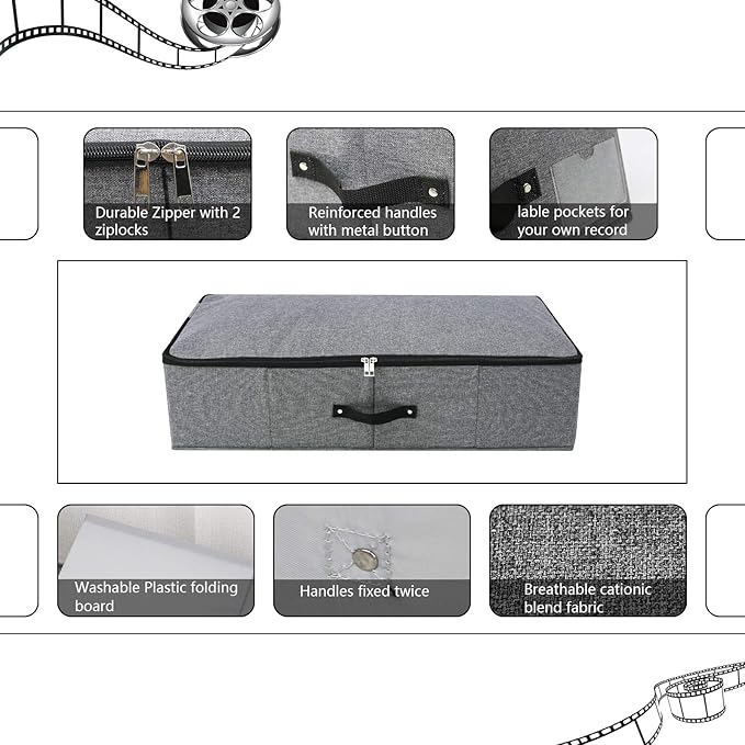 Under Bed Storage Bins with Lids, Closet Organizers, Foldable Under-bed Storage Baskets for Sheets, Clothes, Quilts, Sweaters, Wrapping Paper, 29x15x7inch, Black Gray, 2PCS