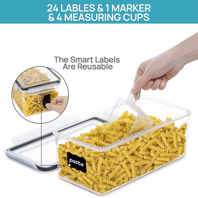 Vtopmart Airtight Food Storage Containers with Lids 8PCS Set 3.2L, Plastic Spaghetti Container for Pasta organizer, BPA Free Air Tight House Kitchen Pantry Organization