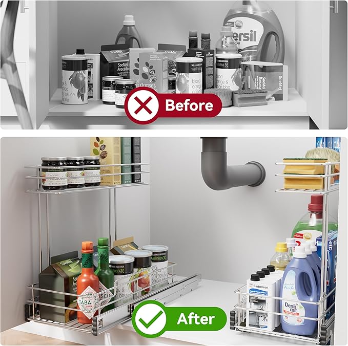 Under Sink Organizer 9" W X17 D, Pull Out Cabinet Organizer 2 Tier, 1 Pack