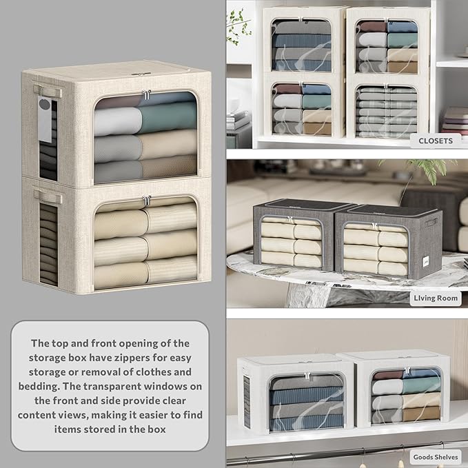 4 Pack Clothes Storage Bins with Metal Frame - 36L Stackable Storage Box with Lid，Foldable Storage Container Organizer for Clothes，Linen Fabric Storage Box with Clear Window＆Zippers＆Handles