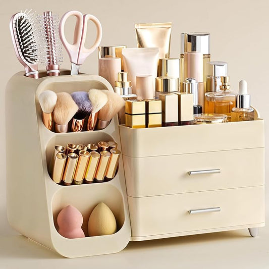 Makeup Organizer with Brush Holder for Vanity, All Beige