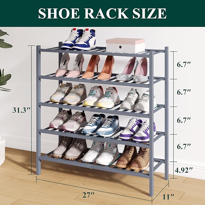Smiry Bamboo Shoe Rack for Closet, 5 Tier Wooden Shoe Organizer, Stackable Wood Shoe Storage Shelf for Entryway, 14 Vertical Slats, 2+3 Stack Heavy-Duty Legs, 26.77"x11.02"x31.3", Grey