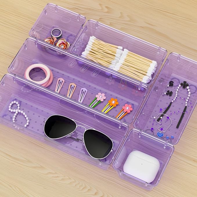6 Pack Clear Drawer Organizer Set, Acrylic Drawer Storage Trays, Purple