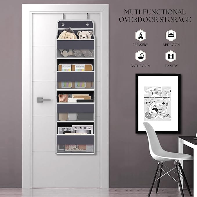Over The Door Hanging Organizer with 4 Large Pockets, Closet, Bathroom, Gray