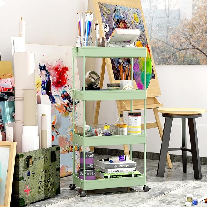 SPACELEAD 4 Tier Rolling Cart with Wheels, Storage Craft Art Trolley Organizer Serving, 3 Hanging Baskets Easy Assembly, for Office, Living Room, Kitchen