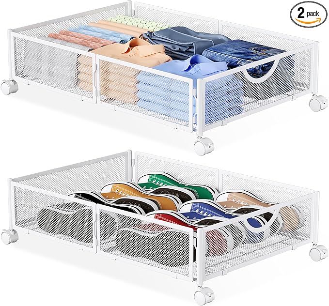 Under Bed Storage with Wheels, 2 Pack Under Bed Shoe Storage Organizer Drawer
