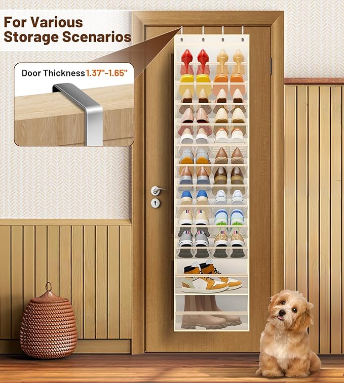 12 Tier Over the Door Shoe Organizer Breathable Mesh Hanging Shoe Rack, Beige