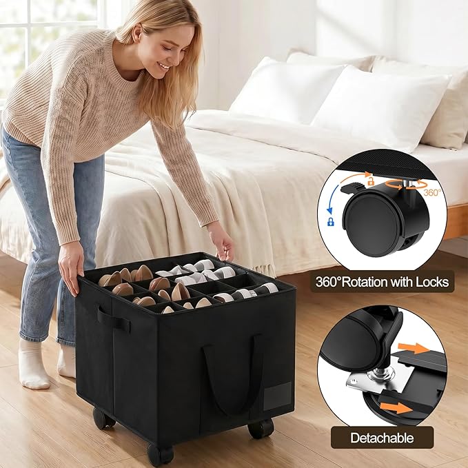 2 Pack Large Shoe Organizer for Closet, Adjustable Dividers Shoe Storage Box Bins with Wheels Clear Cover Reinforced Handle Side Pocket Fits up to 32 Pairs, Foldable Shoe Organizer for Entryway Black
