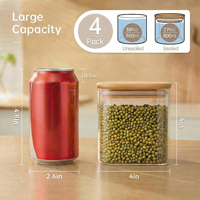 27oz, 4 Pack Square Glass Jars with Bamboo Lids