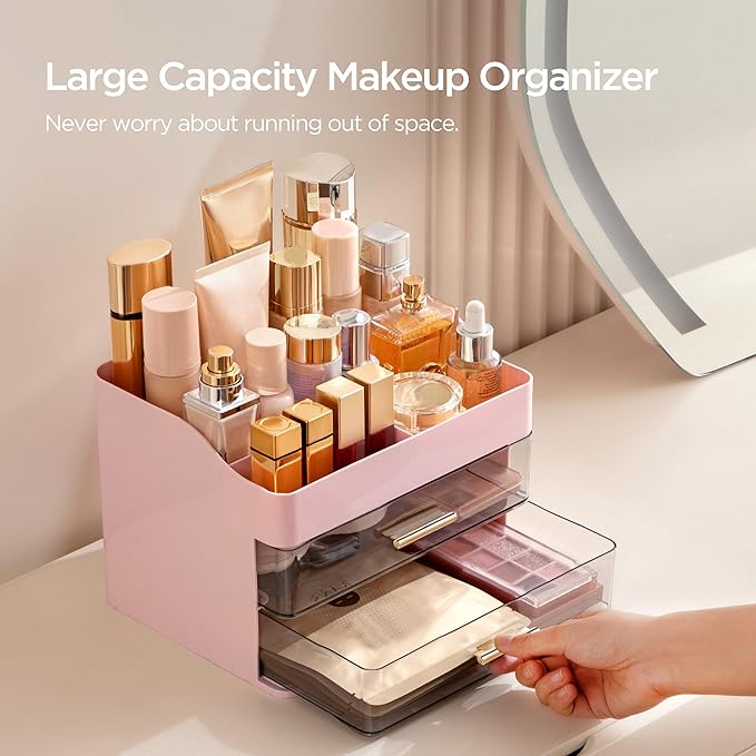 Makeup Organizer for Vanity with 2 Drawers, Pink