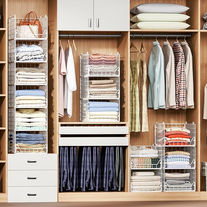 Jakyitvi 6-Tier Closet Shelf Organizer,Metal Stackable Closet Organizers and Storage,Clothes Storage Bins,Shelf Organizer Basket,Folded Shelf Organizer for Closet Wardrobe,White