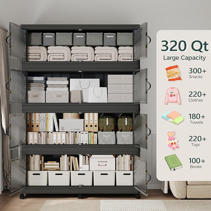 320Gal/1280QT 4-Tiers Extra Large Stackable Storage Bins with Lid, Collapsible Cabinet Closet Organizer Plastic Container Box with Wheels Doors Drawers for Office Dorm Kitchen, Black