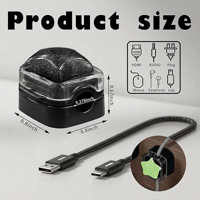 9Pack Magnetic Cable Clips for Nightstand, Adhesive Night-Glowing Cord Holder Organizer for Office Home Desk Wall Car (Black,Star)