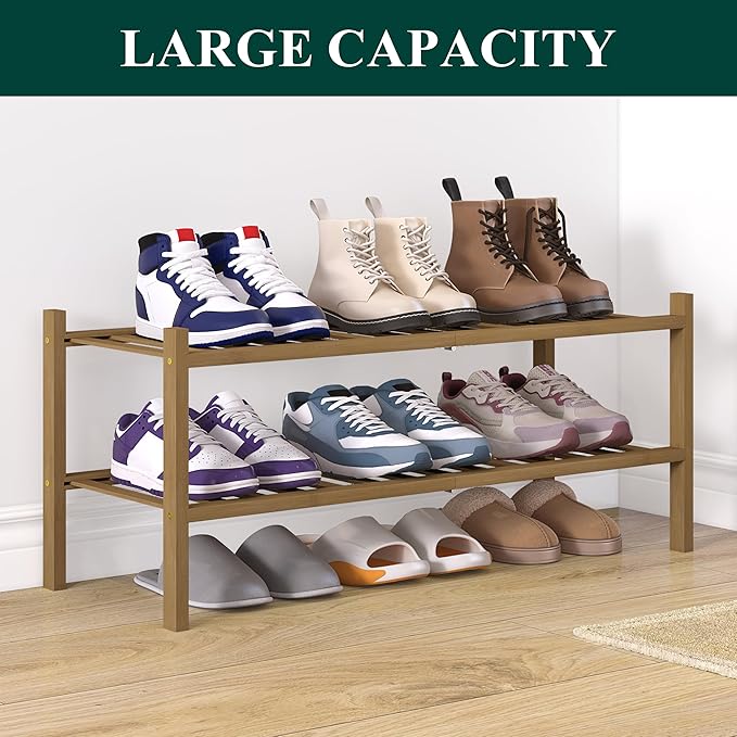 Smiry Bamboo Shoe Rack for Closet, 2 Tier Wooden Shoe Organizer, Stackable Wood Shoe Storage Shelf for Entryway, 14 Vertical Slats, One-piece Heavy-Duty Legs, 26.77"x11.02"x12.99", Walnut
