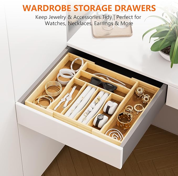 Expandable and Adjustable Bamboo Drawer Organizer Tray - Cutlery & Flatware Organizers for Kitchen Utensils, Silverware Organizer with Dividers, 6-8 Slots with Curved Grooves (Natural)