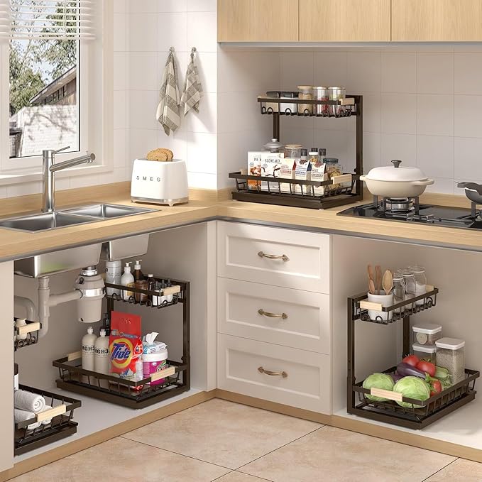 Sevenblue 2 Packs Under Sink Organizer, Height Adjustable 2 Tier Under Kitchen Sink Organizer, Multi-Purpose Storage Shelf for Kitchen Bathroom Cabinet