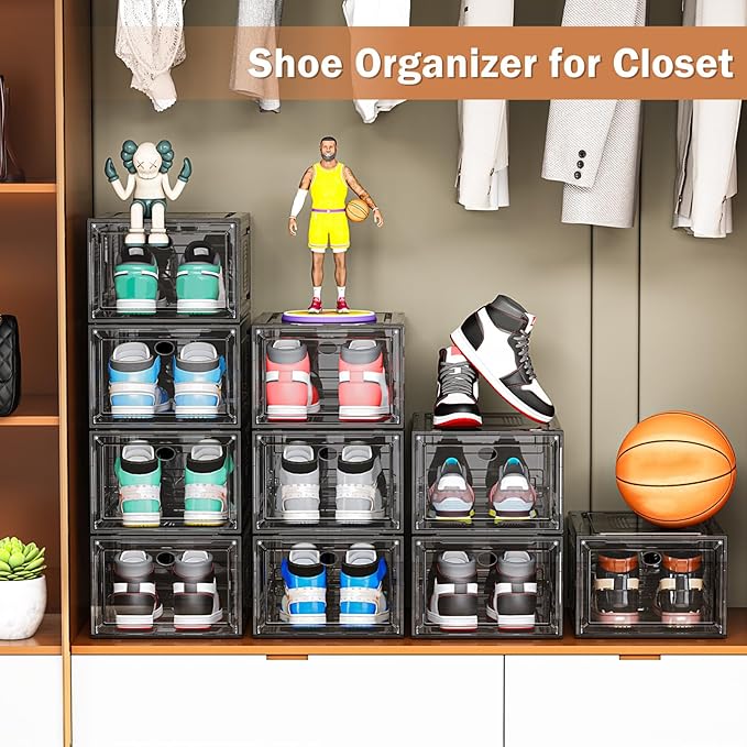 caktraie 10 Pack Thicken Shoe Organizer Stackable,Upgraded Sturdy Shoe Storage Box with Magnetic Door,Shoe Containers For Sneaker Display,Hat Organizer,Black…