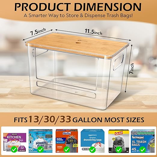 Stackable Trash Bag Dispenser with Wooden Top for Holding 13/30/33-Gallon Large Bag Sizes – Extra-Large Garbage Bag Holder with Anti-Slip Base, Trash Bag Dispenser Under Sink (11.5"x7.5"x7" inches)